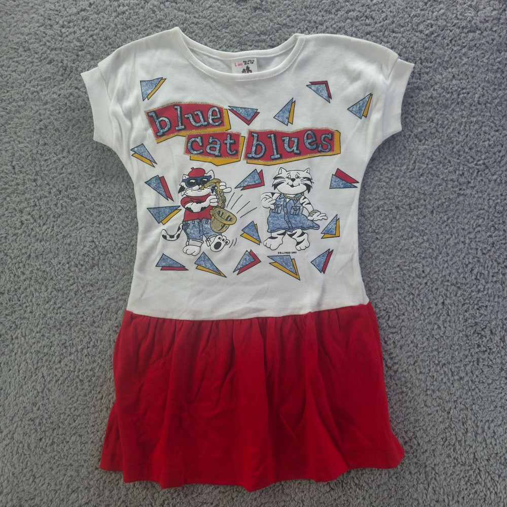 Vintage 1990 Sears Girls Blue Cat Blues Drop Waist Dress White Red Size 6X USA